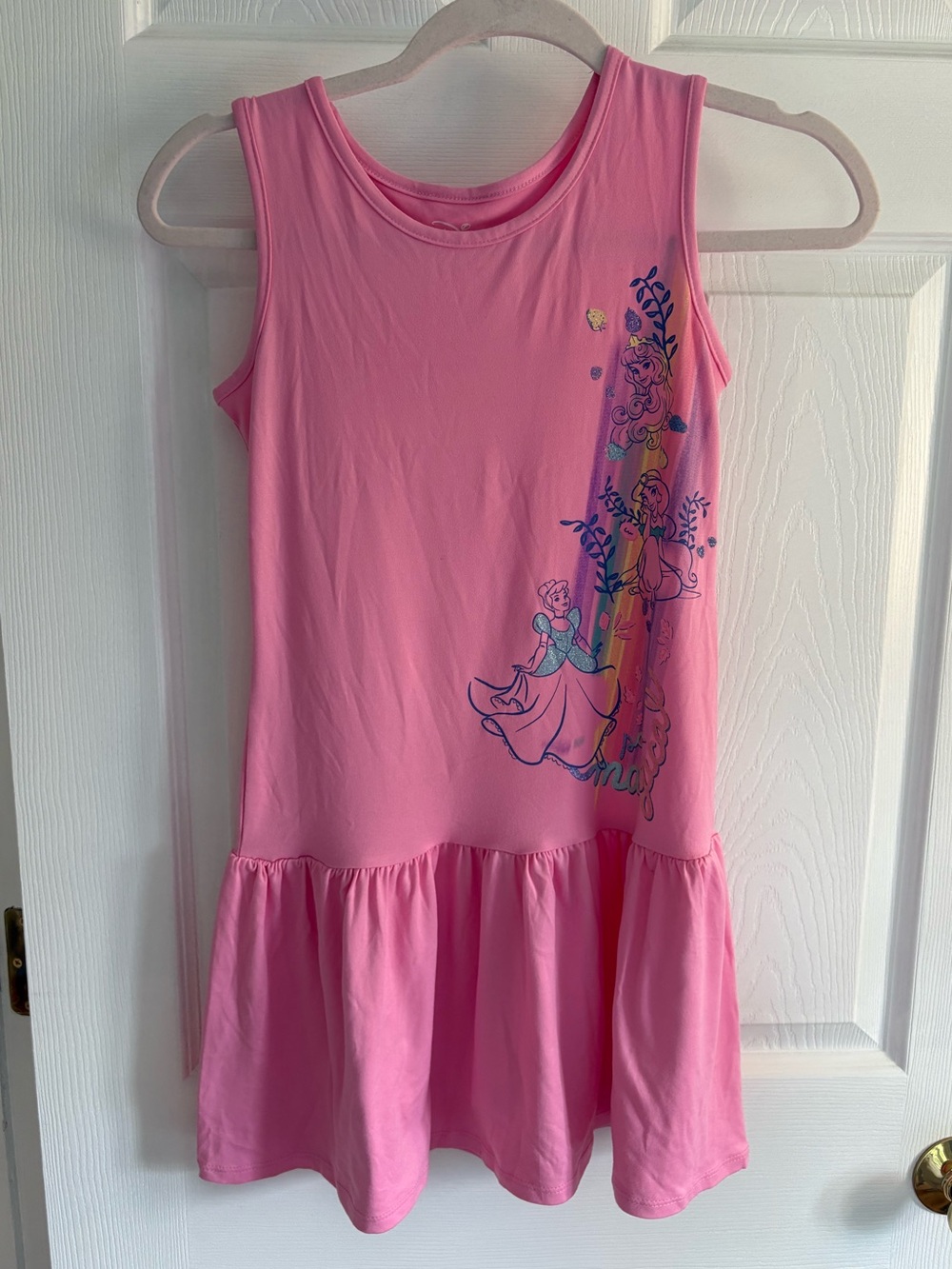 Disney Pink Sleeveless Princess Print Sparkly Girls Dress